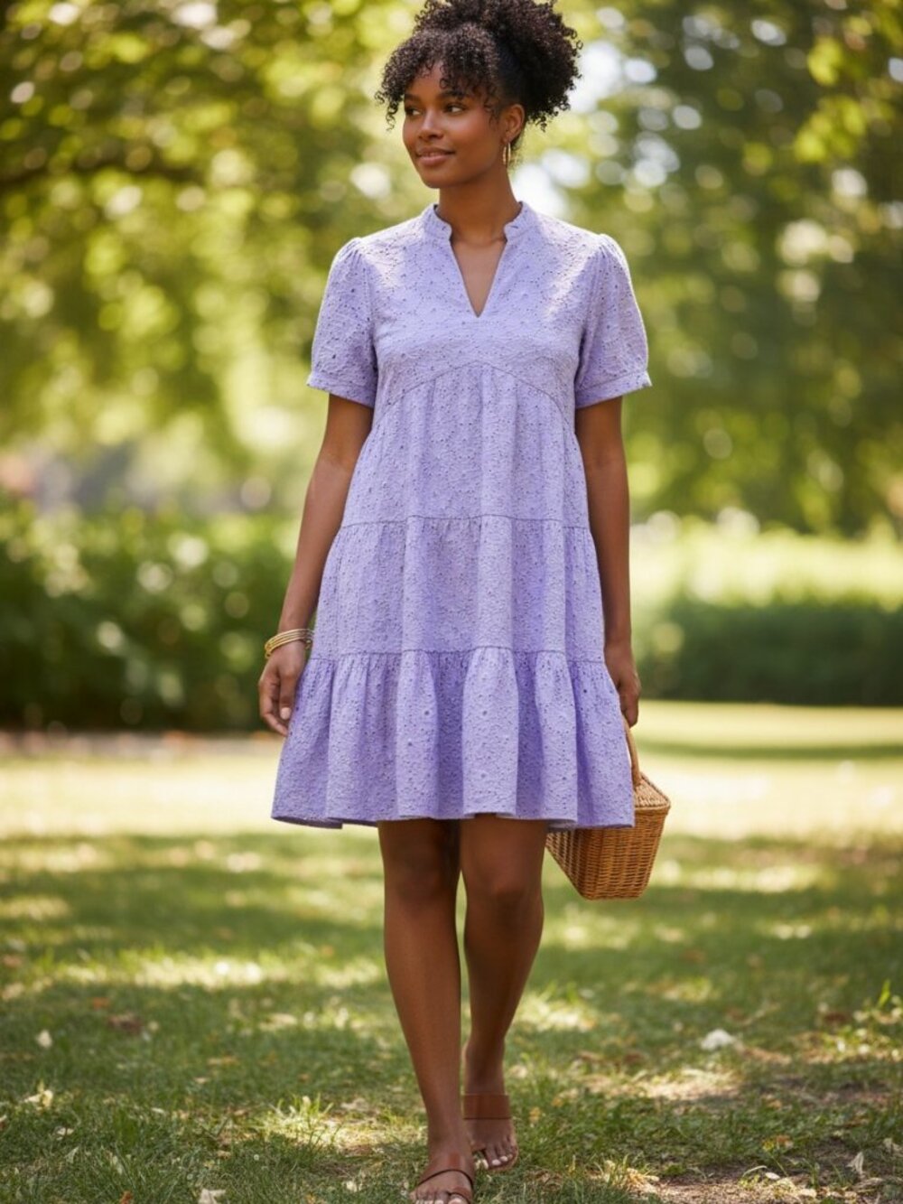 Eyelet Tiered Dress Women‎ Large Lavender Short Sleeve Babydoll